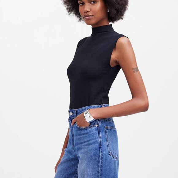 Madewell Funnelneck Cropped Fitted Muscle Tee Black Size S NWT - Picture 3 of 9